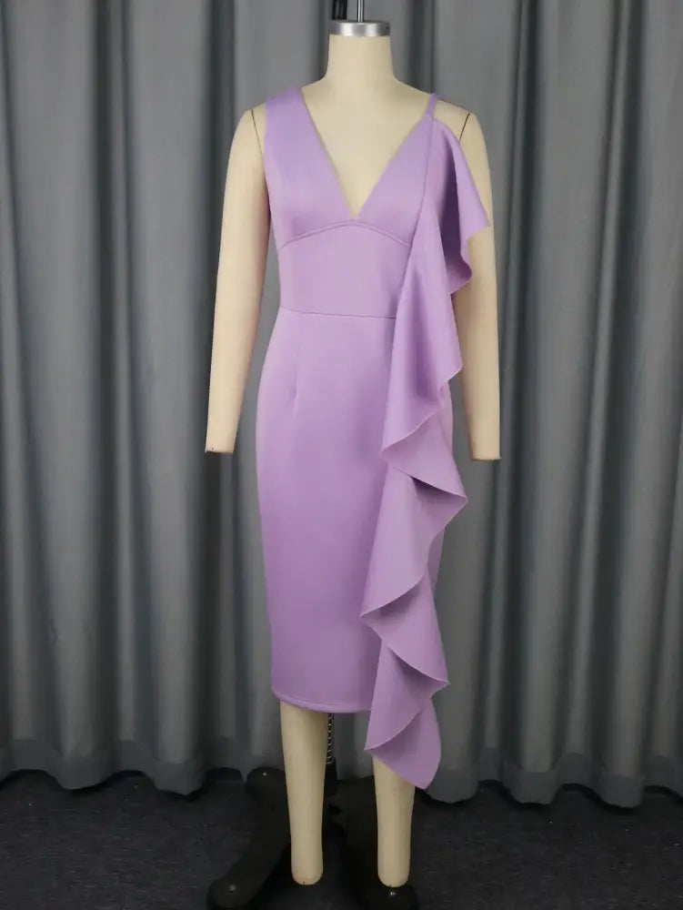 Women’s Ruffled Midi Dress Sleeveless Deep V Neck Bodycon Fit with Asymmetric Flounce