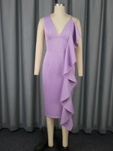 Women’s Ruffled Midi Dress Sleeveless Deep V Neck Bodycon Fit with Asymmetric Flounce