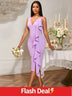Women’s Ruffled Midi Dress Sleeveless Deep V-Neck Bodycon Fit with Asymmetric Flounce Lavender / S