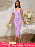 Women’s Ruffled Midi Dress Sleeveless Deep V Neck Bodycon Fit with Asymmetric Flounce Lavender / S
