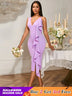 Women’s Ruffled Midi Dress Sleeveless Deep V Neck Bodycon Fit with Asymmetric Flounce Lavender / S