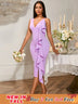 Women’s Ruffled Midi Dress Sleeveless Deep V Neck Bodycon Fit with Asymmetric Flounce Lavender / S