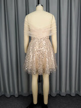 Women’s Strapless Off Shoulder Mesh Capelet Sequin Dress A Line Party Mini Dress
