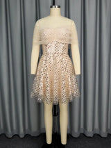 Women’s Strapless Off Shoulder Mesh Capelet Sequin Dress A Line Party Mini Dress