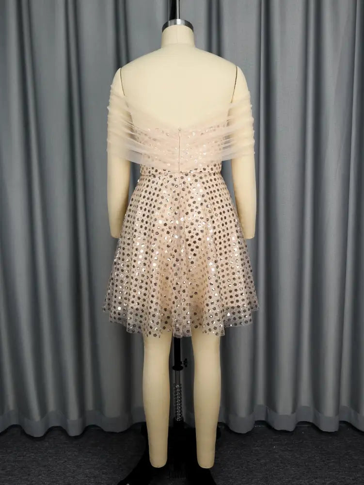 Women’s Strapless Off Shoulder Mesh Capelet Sequin Dress A Line Party Mini Dress