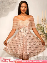 Women’s Strapless Off Shoulder Mesh Capelet Sequin Dress A Line Party Mini Dress LightPink / S
