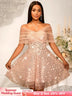 Women’s Strapless Off Shoulder Mesh Capelet Sequin Dress A Line Party Mini Dress LightPink / S