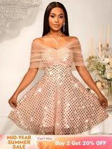 Women’s Strapless Off Shoulder Mesh Capelet Sequin Dress A Line Party Mini Dress LightPink / S