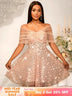 Women’s Strapless Off Shoulder Mesh Capelet Sequin Dress A Line Party Mini Dress LightPink / S
