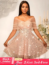 Women’s Strapless Off Shoulder Mesh Capelet Sequin Dress A Line Party Mini Dress LightPink / S
