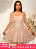Women’s Strapless Off Shoulder Mesh Capelet Sequin Dress A Line Party Mini Dress LightPink / S