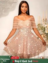 Women’s Strapless Off Shoulder Mesh Capelet Sequin Dress A Line Party Mini Dress LightPink / S