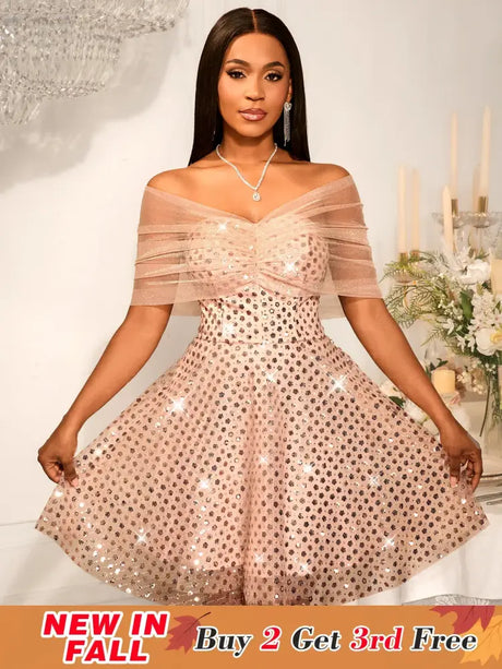 Women’s Strapless Off Shoulder Mesh Capelet Sequin Dress A Line Party Mini Dress LightPink / S