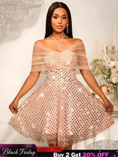 Women’s Strapless Off Shoulder Mesh Capelet Sequin Dress A Line Party Mini Dress LightPink / S
