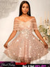 Women’s Strapless Off Shoulder Mesh Capelet Sequin Dress A Line Party Mini Dress LightPink / S