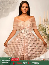 Women’s Strapless Off Shoulder Mesh Capelet Sequin Dress A Line Party Mini Dress LightPink / S