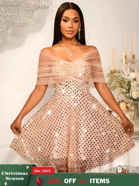 Women’s Strapless Off Shoulder Mesh Capelet Sequin Dress A Line Party Mini Dress LightPink / S