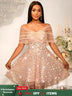 Women’s Strapless Off Shoulder Mesh Capelet Sequin Dress A Line Party Mini Dress LightPink / S