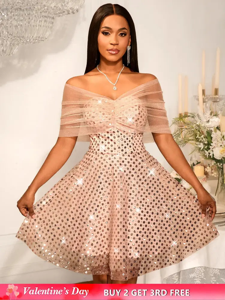 Women’s Strapless Off Shoulder Mesh Capelet Sequin Dress A Line Party Mini Dress LightPink / S