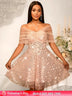 Women’s Strapless Off Shoulder Mesh Capelet Sequin Dress A Line Party Mini Dress LightPink / S