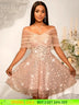 Women’s Strapless Off Shoulder Mesh Capelet Sequin Dress A Line Party Mini Dress LightPink / S