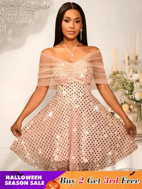 Women’s Strapless Off Shoulder Mesh Capelet Sequin Dress A Line Party Mini Dress LightPink / S