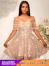 Women’s Strapless Off Shoulder Mesh Capelet Sequin Dress A Line Party Mini Dress LightPink / S