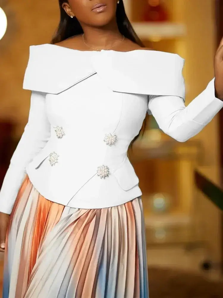 Women’s Two Piece Set Elegant Off Shoulder Suit Tops Printed Loose Long Pleated Skirt