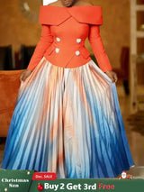 Women’s Two Piece Set Elegant Off Shoulder Suit Tops Printed Loose Long Pleated Skirt