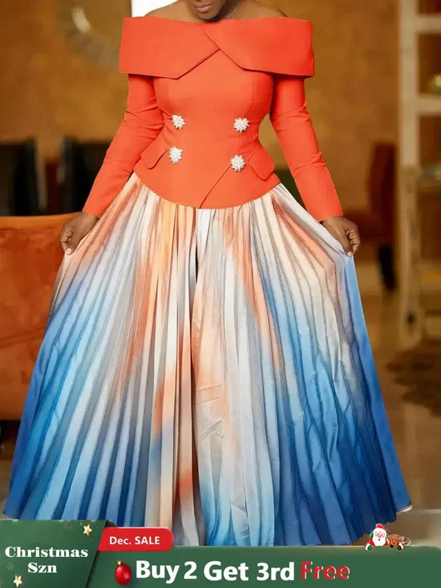 Women’s Two Piece Set Elegant Off Shoulder Suit Tops Printed Loose Long Pleated Skirt