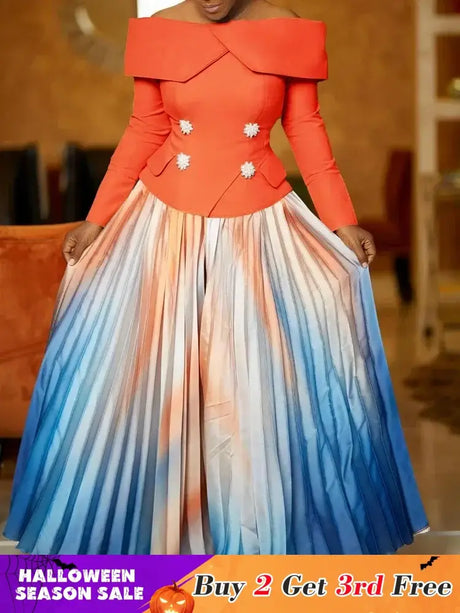 Women’s Two Piece Set Elegant Off Shoulder Suit Tops Printed Loose Long Pleated Skirt