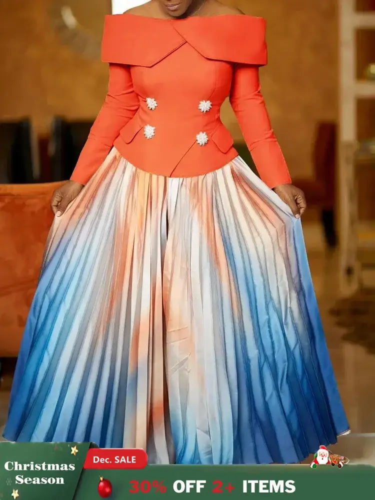 Women’s Two Piece Set Elegant Off Shoulder Suit Tops Printed Loose Long Pleated Skirt