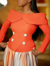 Women’s Two Piece Set Elegant Off Shoulder Suit Tops Printed Loose Long Pleated Skirt