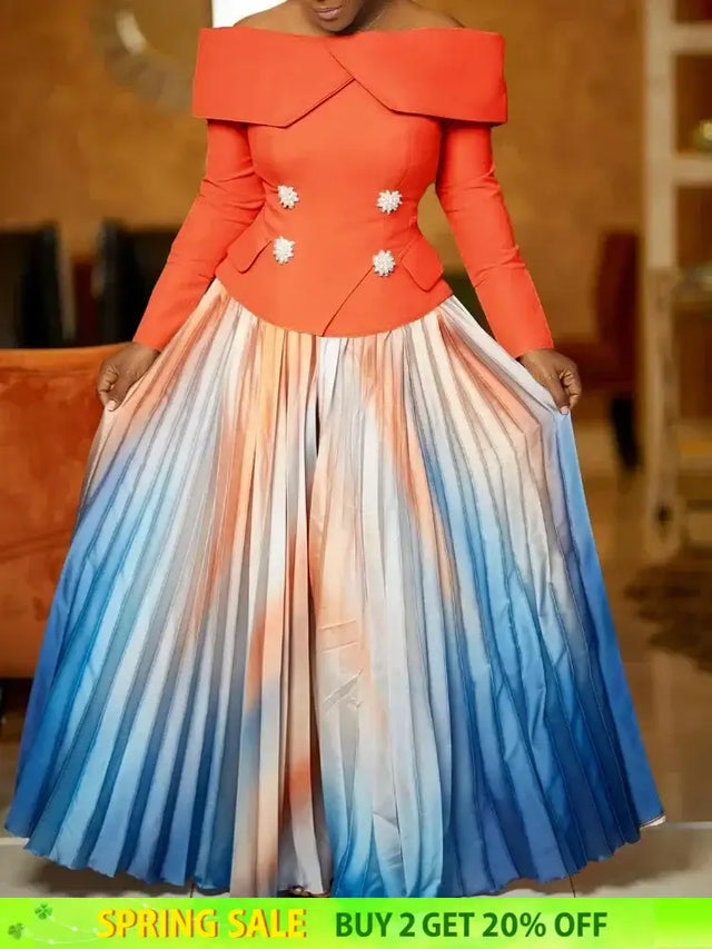 Women’s Two Piece Set Elegant Off Shoulder Suit Tops Printed Loose Long Pleated Skirt