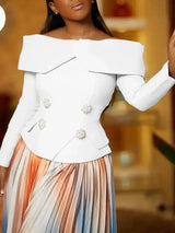 Women’s Two Piece Set Elegant Off Shoulder Suit Tops Printed Loose Long Pleated Skirt