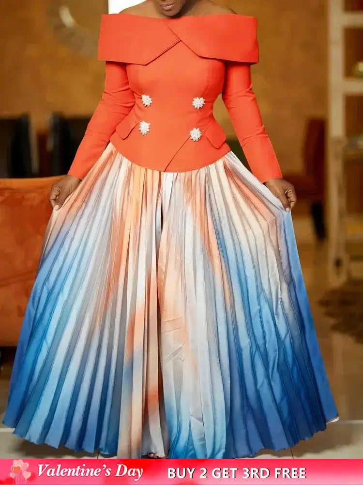 Women’s Two Piece Set Elegant Off Shoulder Suit Tops Printed Loose Long Pleated Skirt