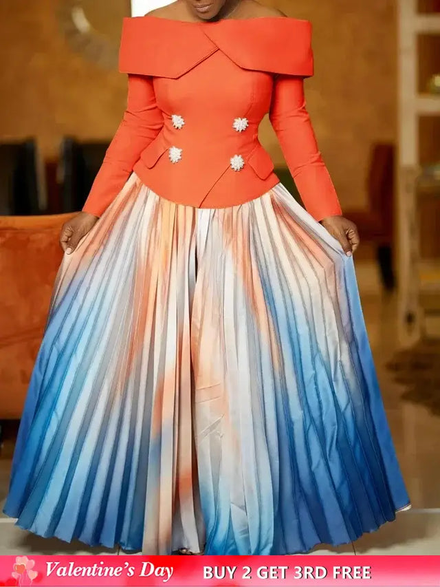 Women’s Two Piece Set Elegant Off Shoulder Suit Tops Printed Loose Long Pleated Skirt