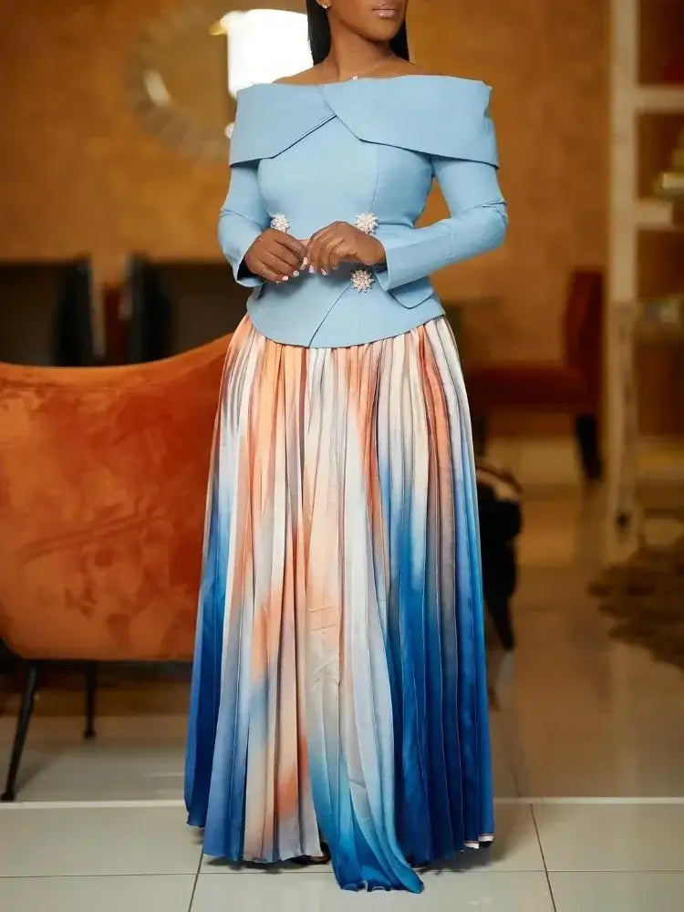 Women’s Two Piece Set Elegant Off Shoulder Suit Tops Printed Loose Long Pleated Skirt