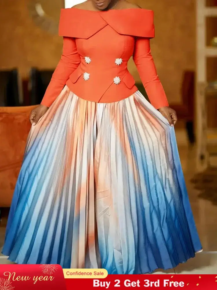 Women’s Two Piece Set Elegant Off Shoulder Suit Tops Printed Loose Long Pleated Skirt