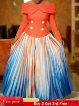 Women’s Two Piece Set Elegant Off Shoulder Suit Tops Printed Loose Long Pleated Skirt