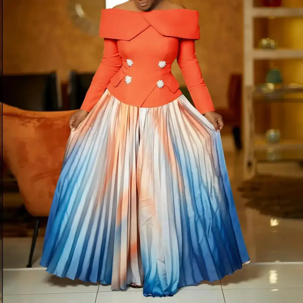 Women’s Two Piece Set Elegant Off Shoulder Suit Tops Printed Loose Long Pleated Skirt Orange / S