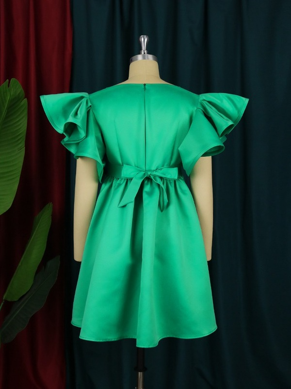 Green V Neck Flying Sleeve Mini Dress For Women