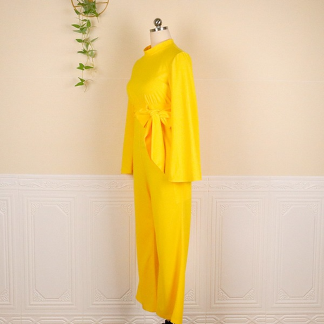 Yellow Half High Collar Sashes Ruffles Jumpsuit Ladies