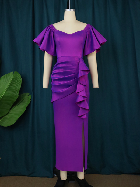 Women Purple Pleated  Ruffled Long Party Dress