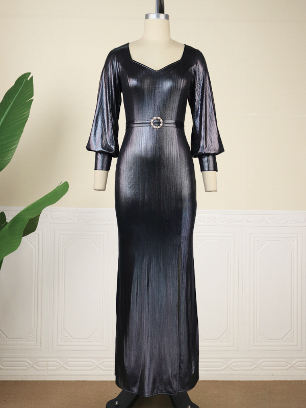 Women Lantern Sleeve Shiny Grey Long Evening Dress