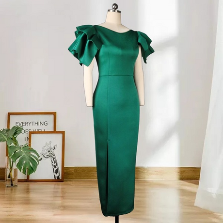 Green Short Cloak Sleeve Ruffles High Slit Long Party Dress