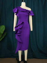 Women Purple Off Shoulder Ruffles Bodycon Dress