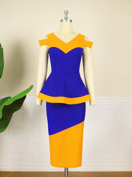 Women V Neck Color Block High Waist Peplum Dresses